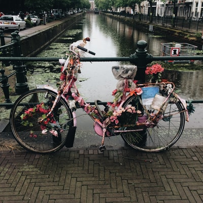 池塘边的桥上挂满鲜花的自行车